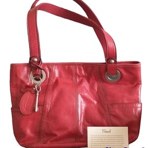 Fossil leather tote bag candy apple red silver hardware Hathaway tote distressed